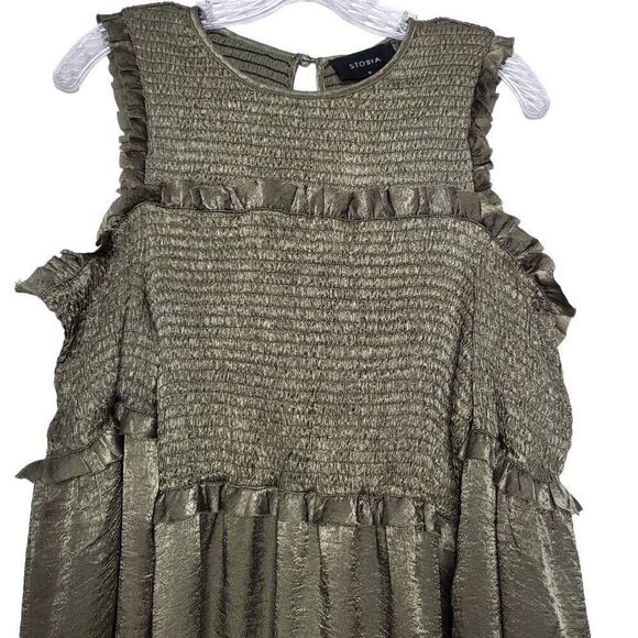 NEW STORIA Olive Green Cold Shoulder Balloon Sleeves Ruffle Mini Dress Medium - Picture 3 of 11